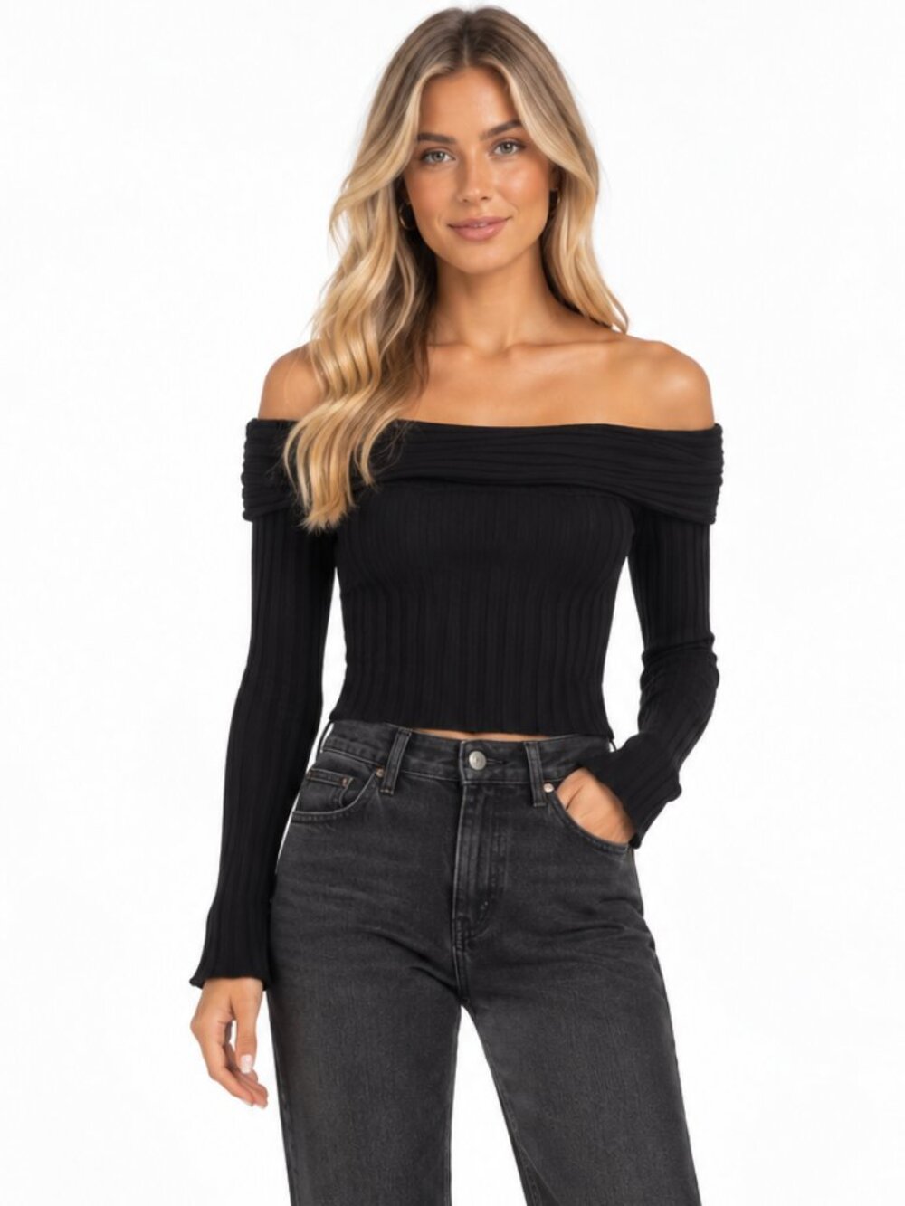 Reformation Women's Ribbed Off Shoulder Long Sleeve Knit Top Size Small Black